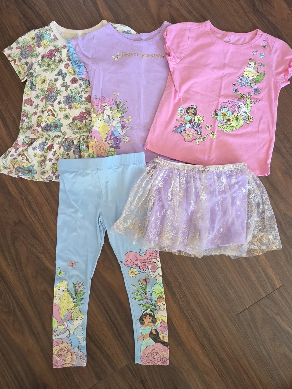 Disney Girls Pink & Purple Princess Tee, Lilac Skirt & Blue Leggings Set